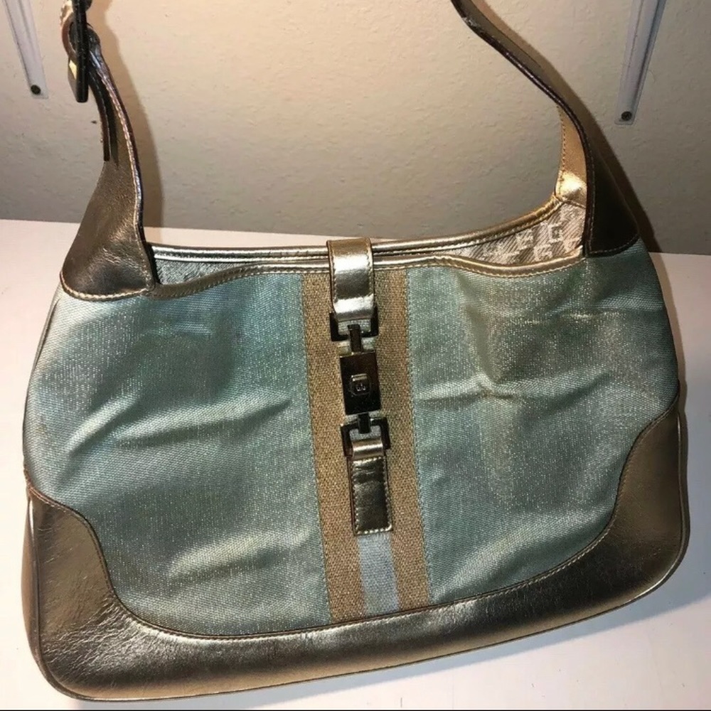 GUCCI G Jackie Locking Gold Green Handbag Italy